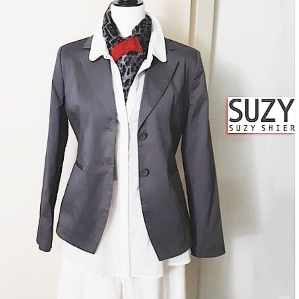 SUZY SHIER Petite Blazer Notched-lapel Solid Grey